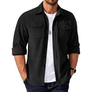 Coofandy Men Black Corduroy Button Down Lightweight Jacket with Flap Pockets